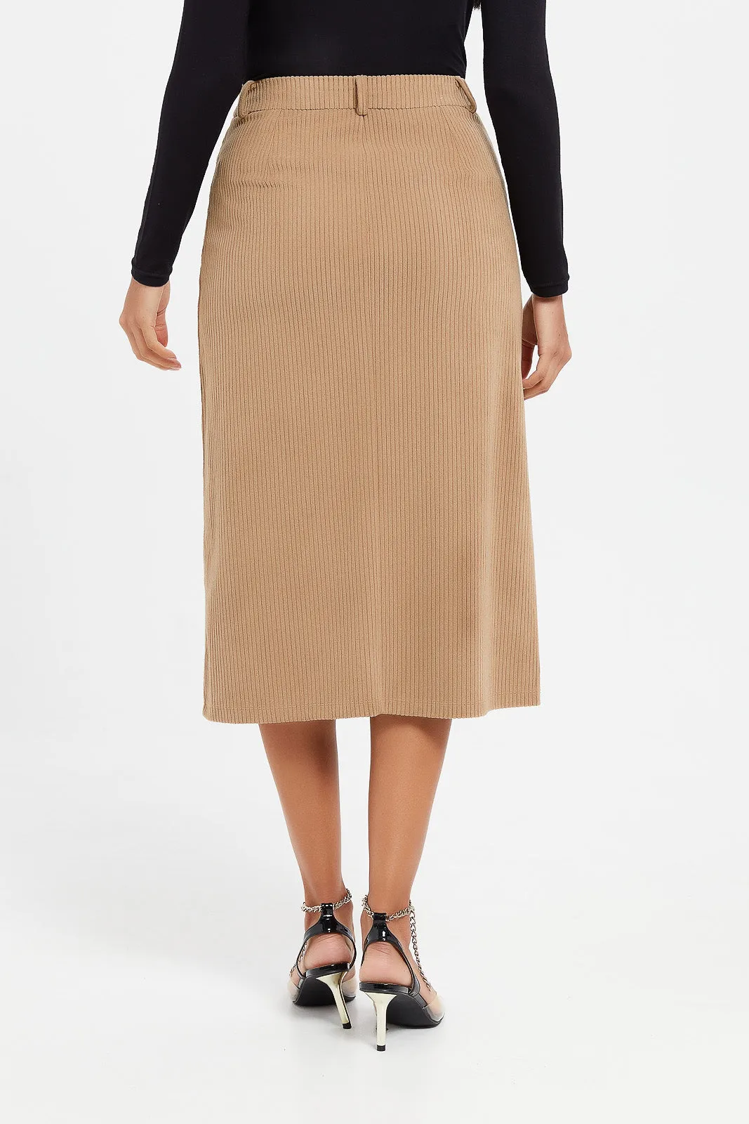 Women Beige  Front Slit Corduroy Skirt