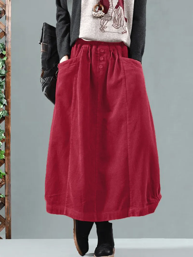 Women Corduroy Button Trim Elastic Waist Solid Retro Skirt with Pocket