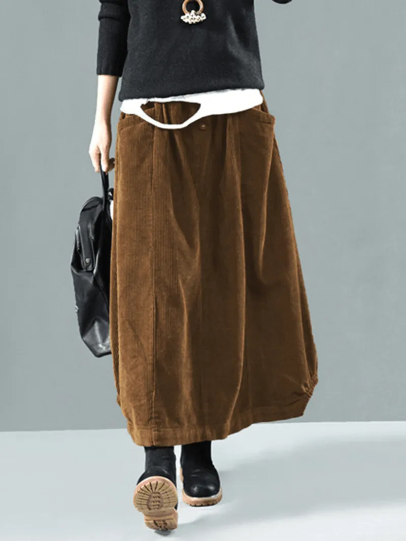 Women Corduroy Button Trim Elastic Waist Solid Retro Skirt with Pocket