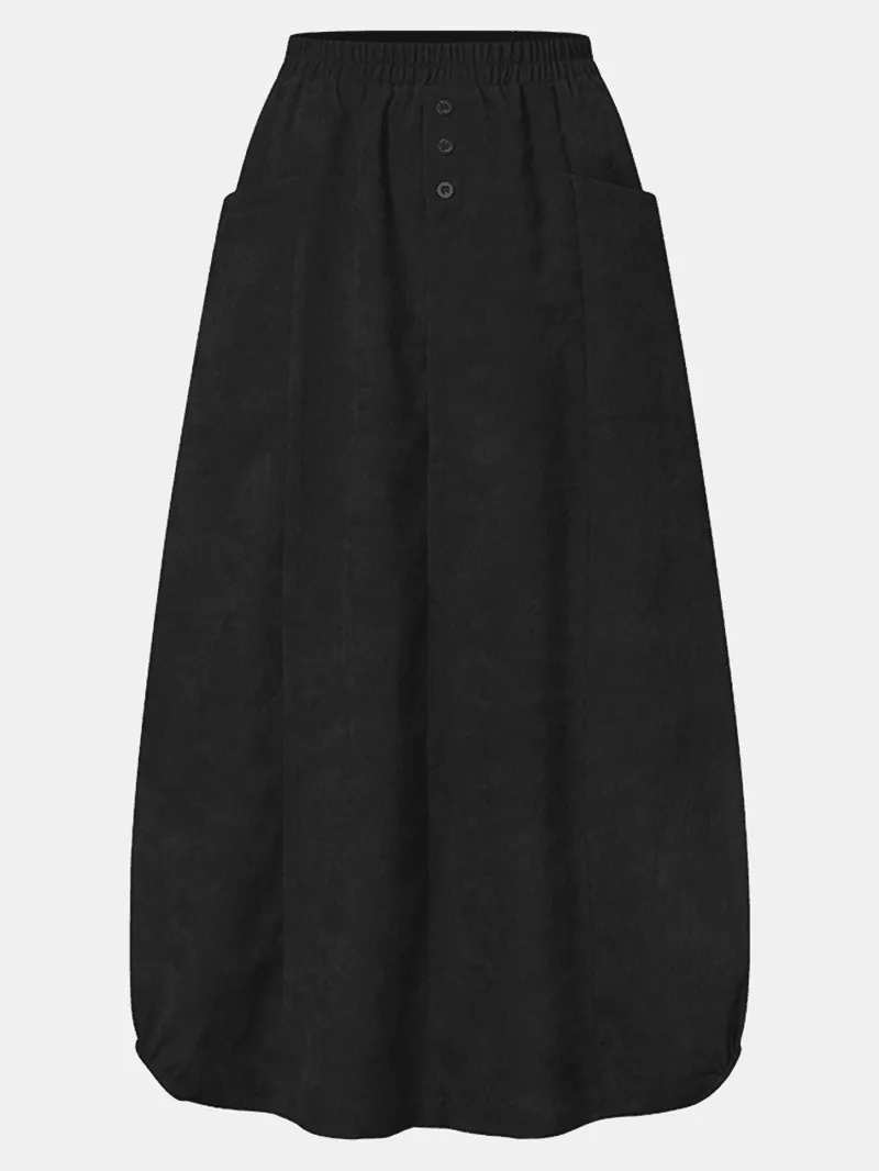 Women Corduroy Button Trim Elastic Waist Solid Retro Skirt with Pocket