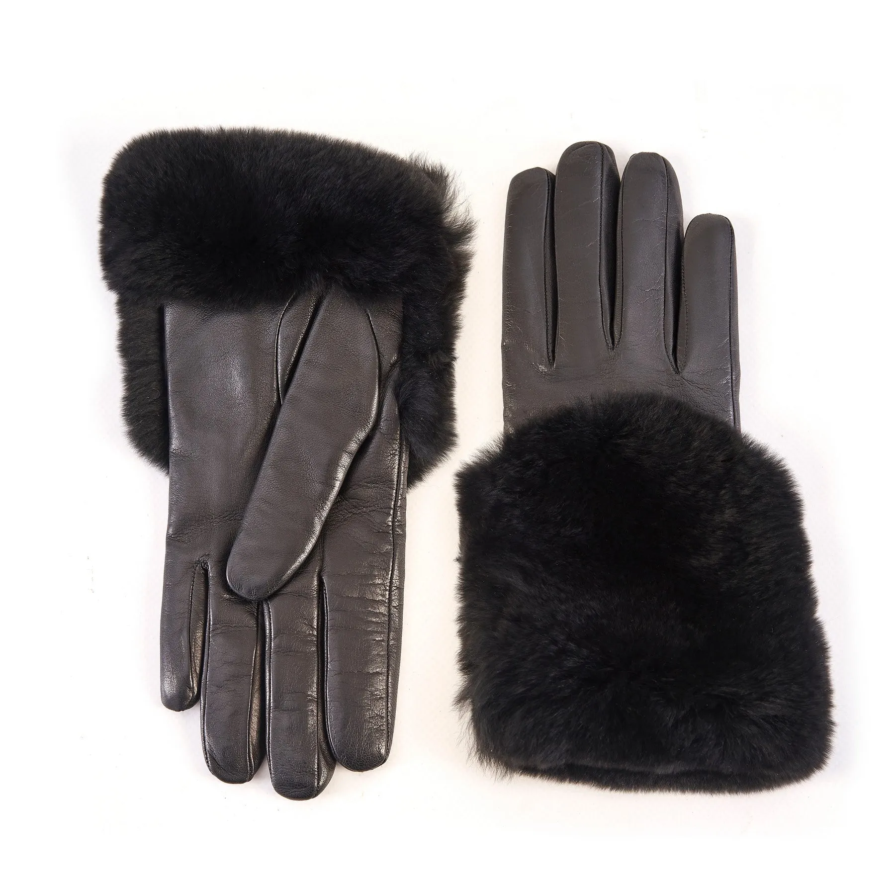 Women's black nappa leather gloves with a wide real fur panel on the top and cashmere lined