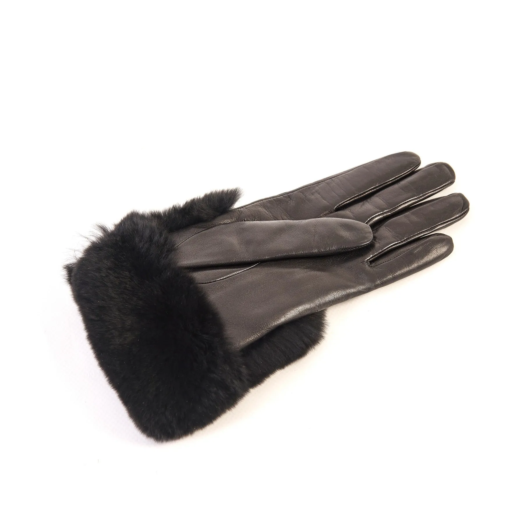 Women's black nappa leather gloves with a wide real fur panel on the top and cashmere lined