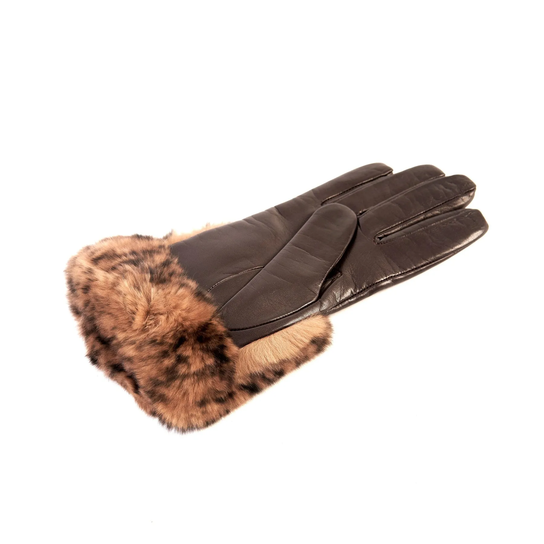 Women's brown nappa leather gloves with a printed leo wide real fur panel on the top and cashmere lined