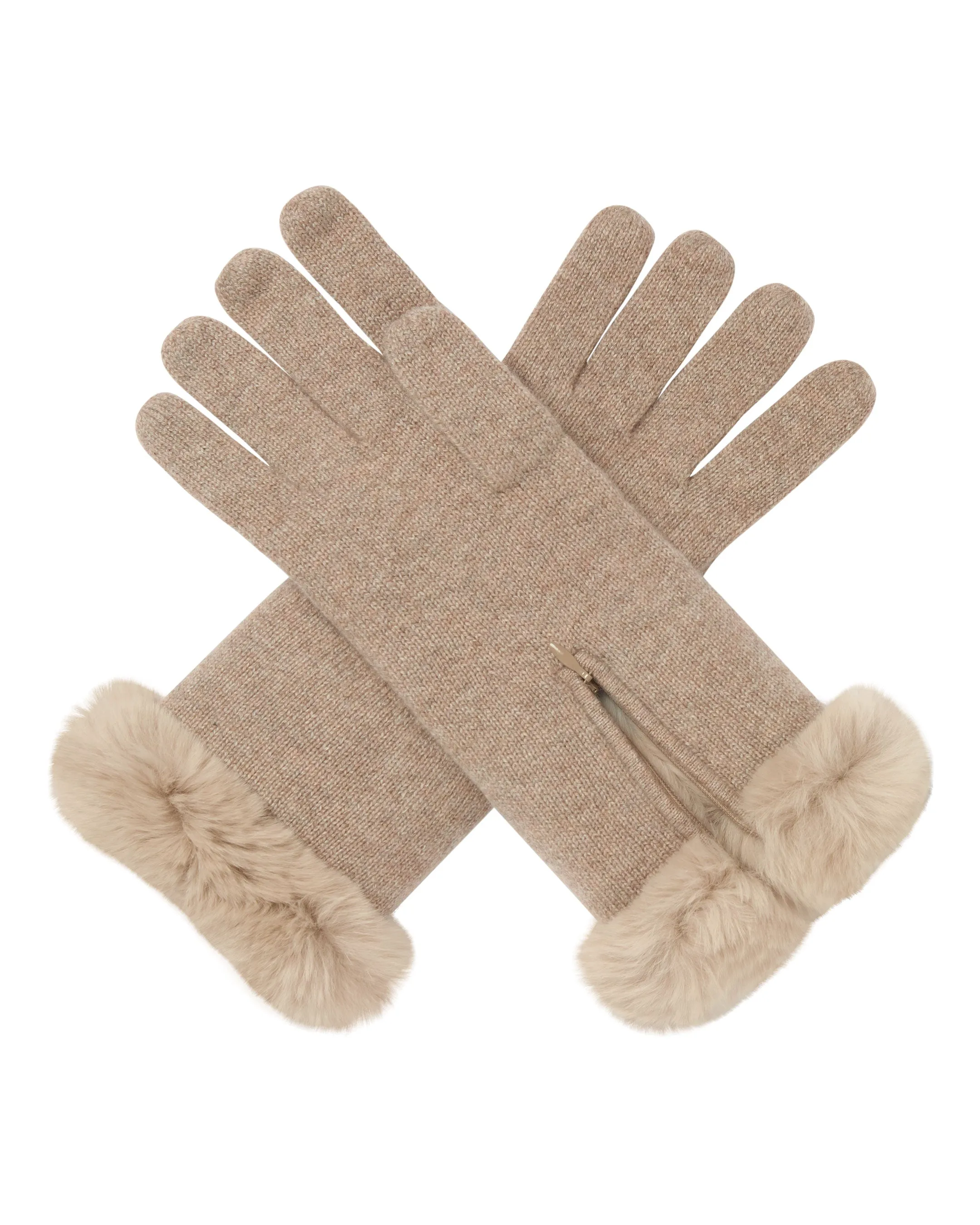 Women's Fur Trim Cashmere Gloves Oatmeal Brown